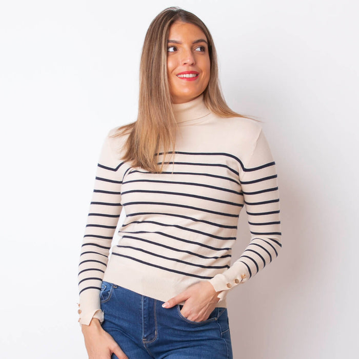 Maglione con collo a righe - Ecru