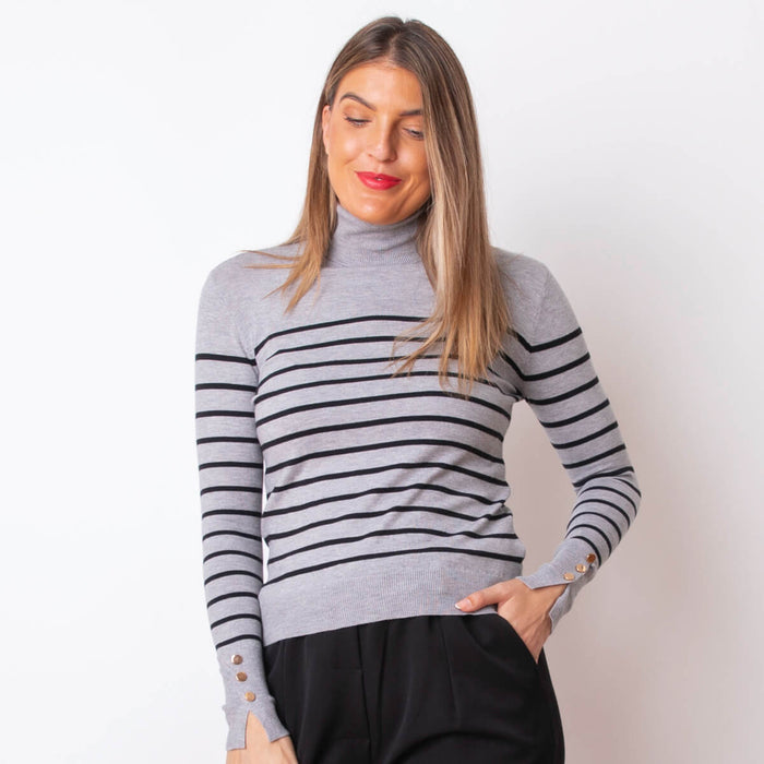 Gestreifter Pullover mit Kragen – Grau