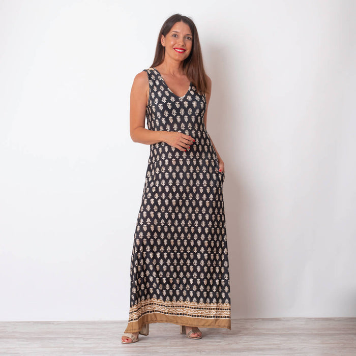 Printed Hem Midi Dress - Black