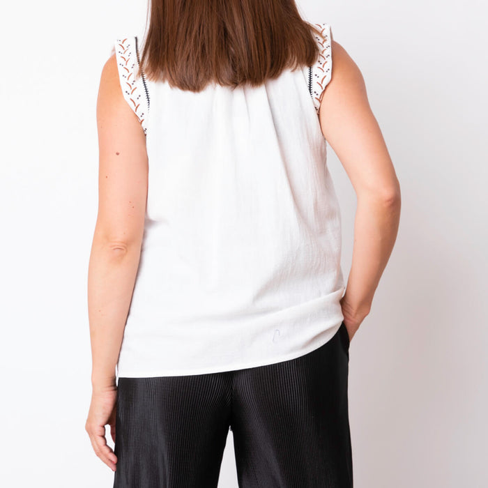 Blouse with Braid and Embroidery Trim - Ecru