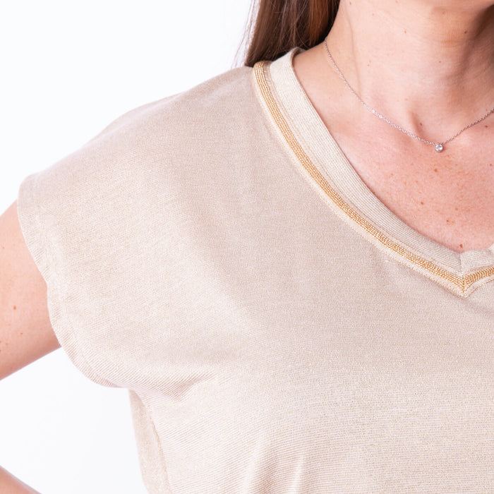T-Shirt mit Glitzer und Halsausschnitt – Gold