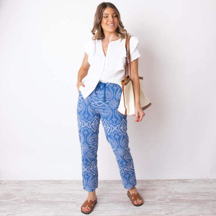 Contrast Embroidered Woven Pants - Cobalt Blue