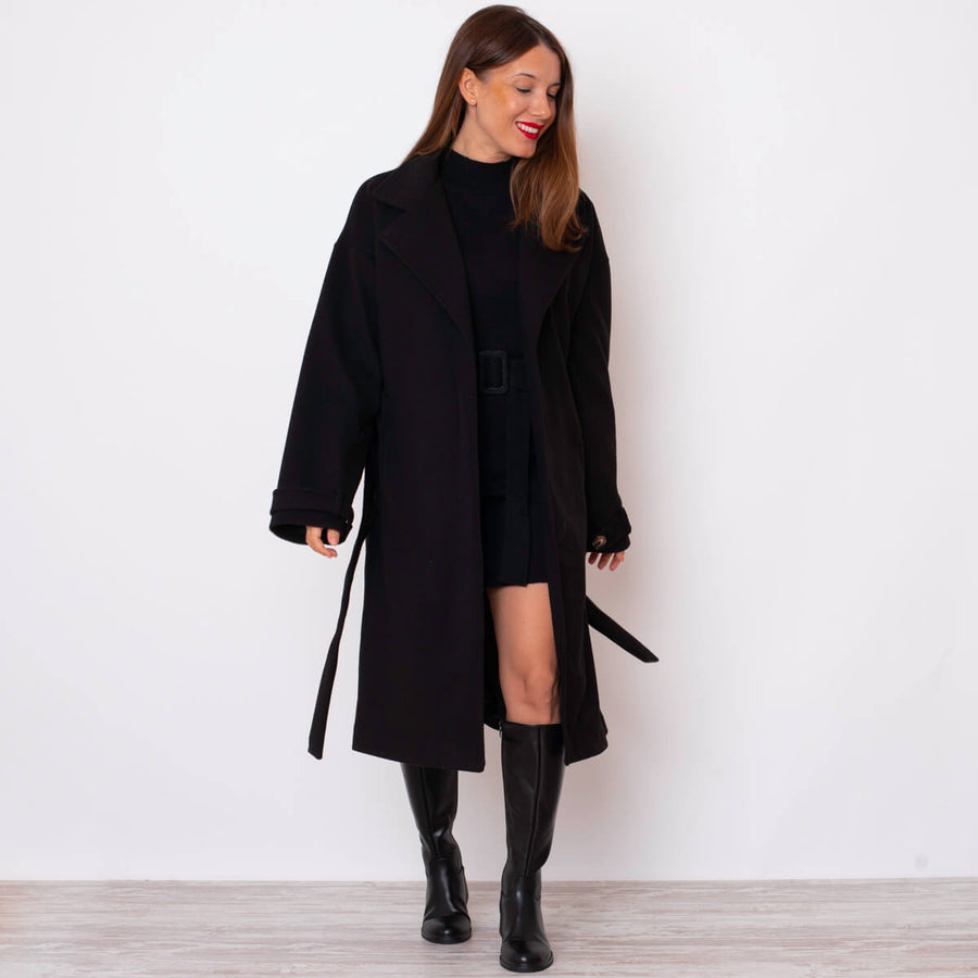 Cappotto lungo con cintura - Nero