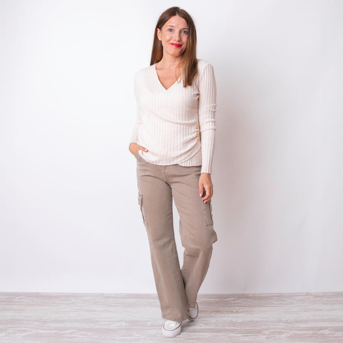 Asymmetrischer Rippstrickpullover – Beige