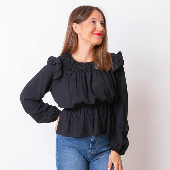 Canesú elastische Bluse – Schwarz