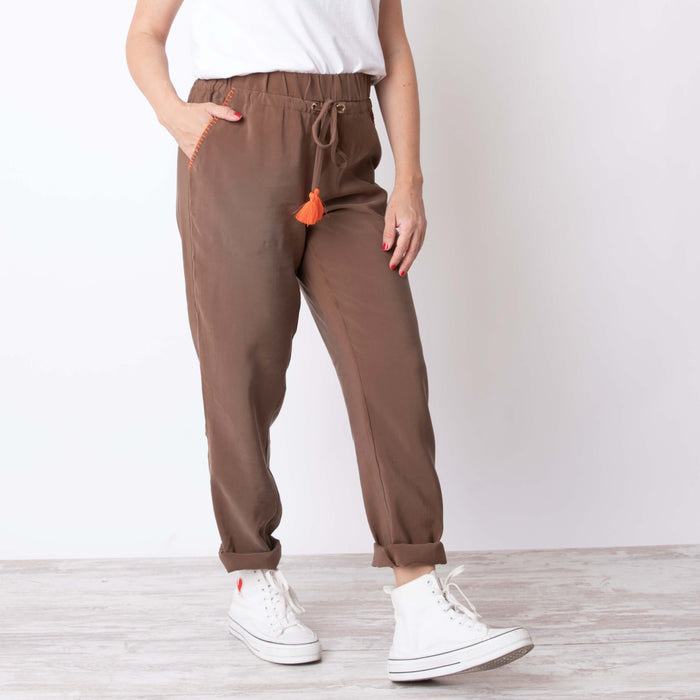 Pajama Pants With Embroidered Pockets - Brown