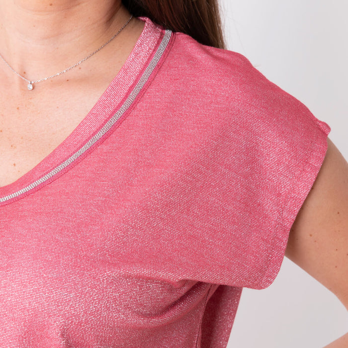 T-shirt With Glitter And Neck Findings - Pink