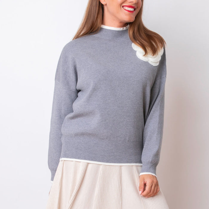 Pull à Col Fleuri - Gris