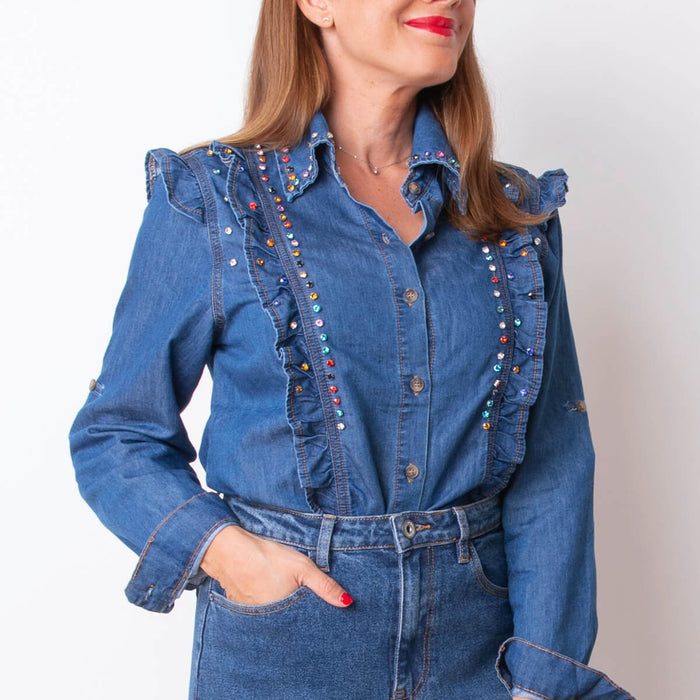 Camisa Ef. Denim Pedrería - Azul