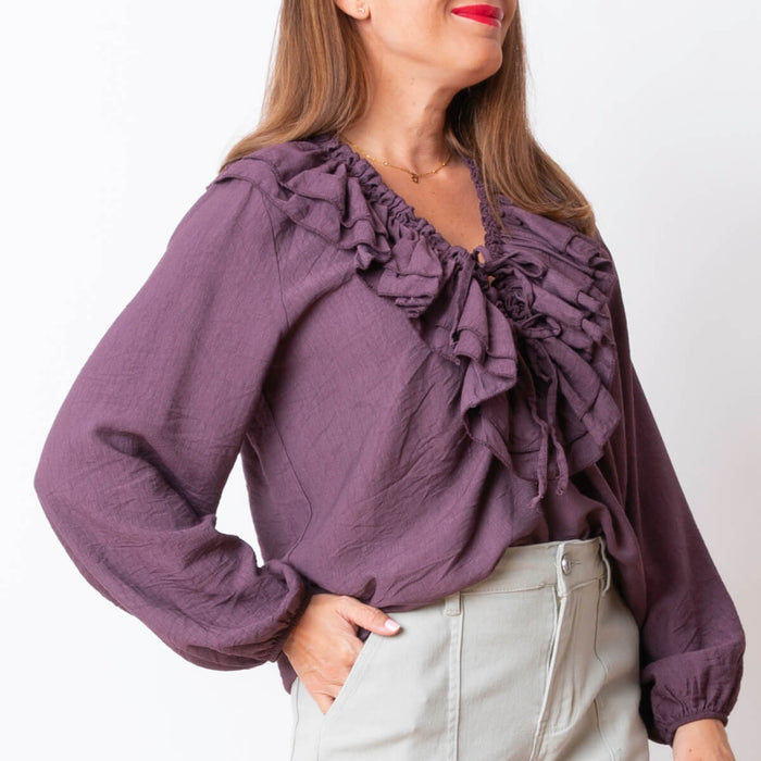 Adjustable Ruffle Blouse - Purple