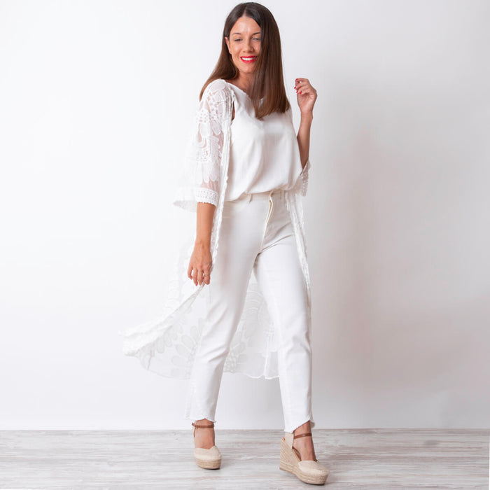 Mandala Embroidered Tulle Kimono - White