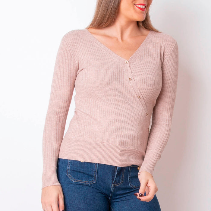 Asymmetric Button Sweater - Beige