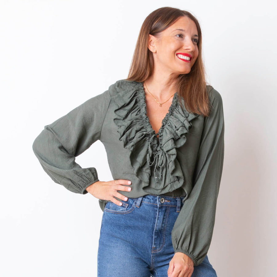 Adjustable Volante Blouse - Khaki