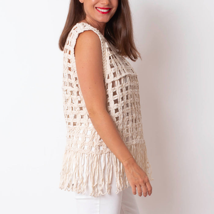 Mesh and Fringes Vest - Ecru