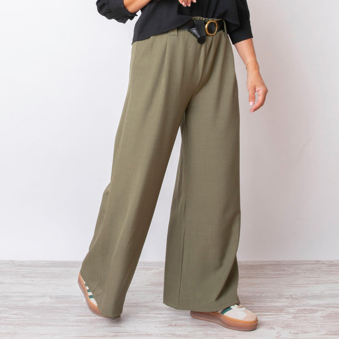 Wide Leg Trousers with Belt - Khaki