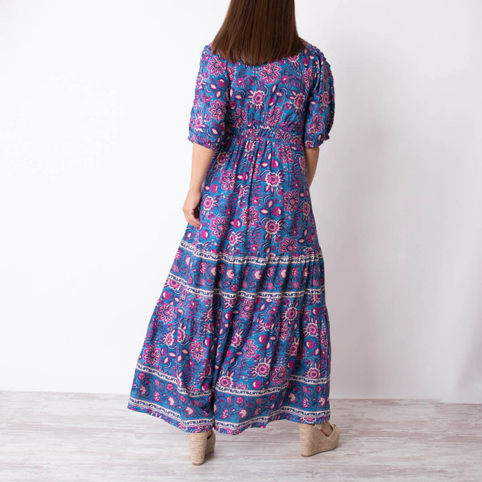 Kleid mit Blumenmuster – Mittelblau
