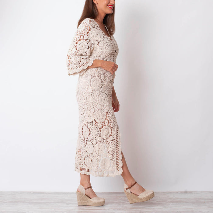 Crochet Dress/Kimono with Buttons - Beige