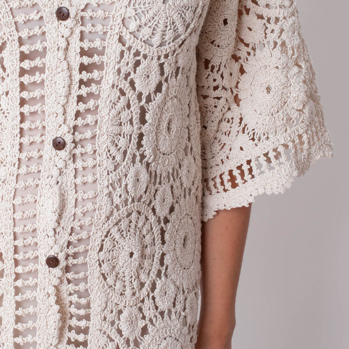 Crochet Dress/Kimono with Buttons - Beige