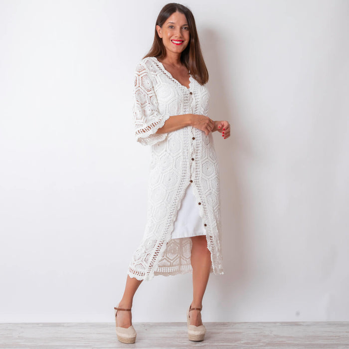 Crochet Dress/Kimono with Buttons - White