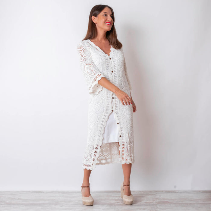 Crochet Dress/Kimono with Buttons - White